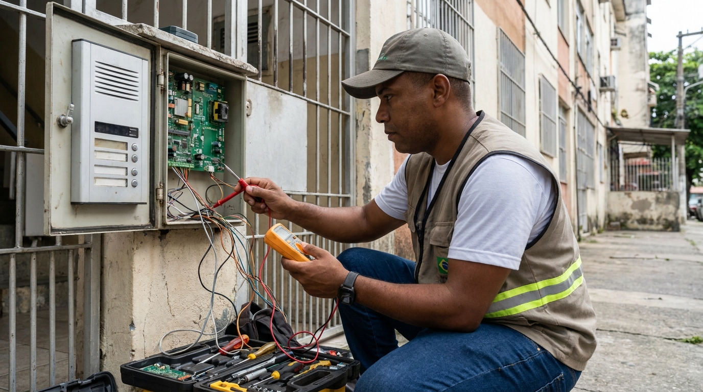 Eletricista consertando interfone em Sorocaba‑SP