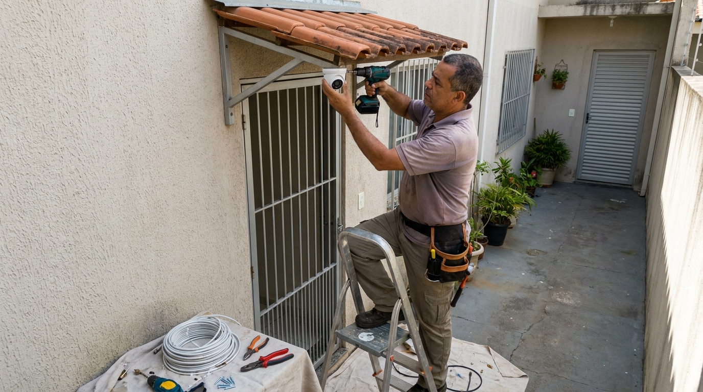 Eletricista instalando cameras de seguranca em Sorocaba‑SP