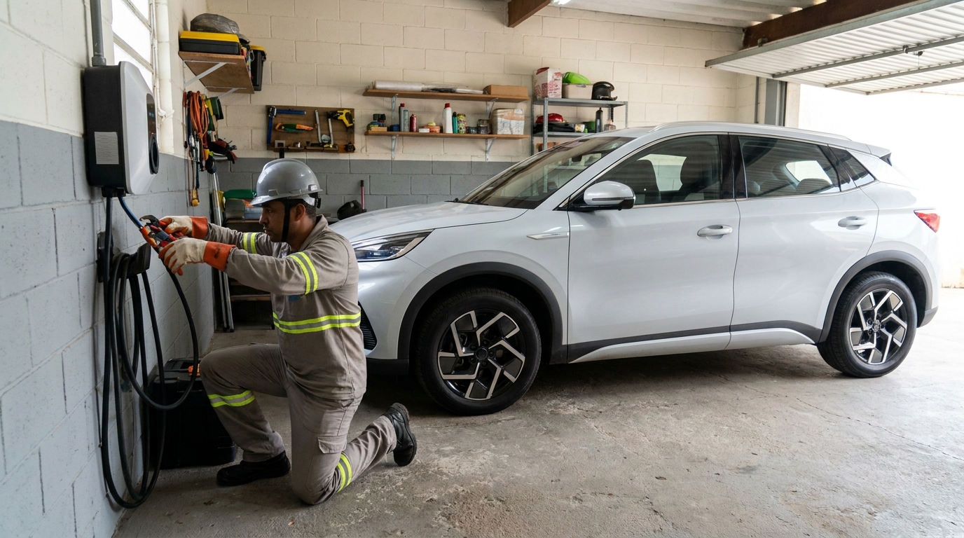 Eletricista instalando carregador de carro eletrico em Sorocaba‑SP