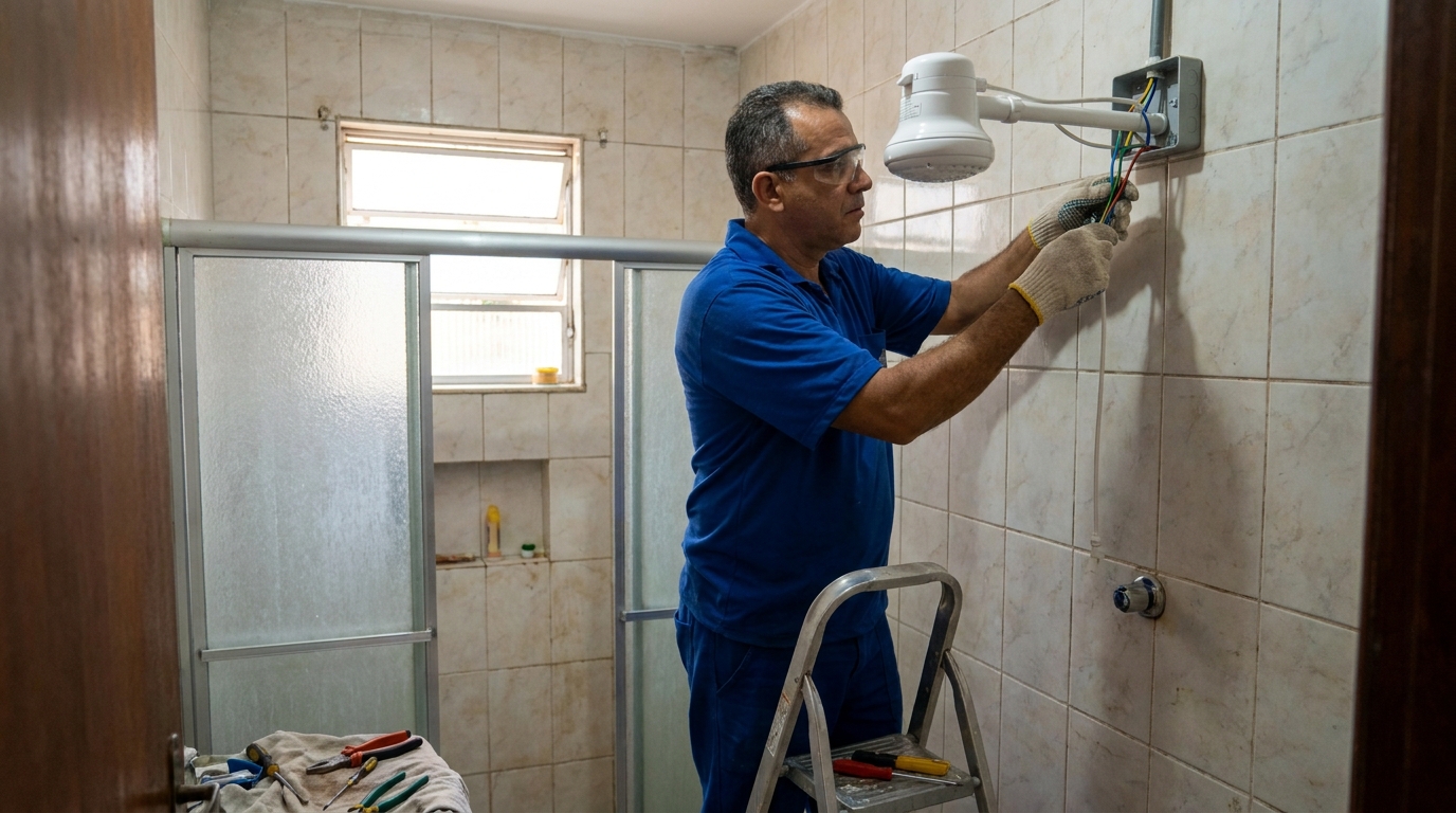 Eletricista instalando chuveiro eletrico em Sorocaba‑SP