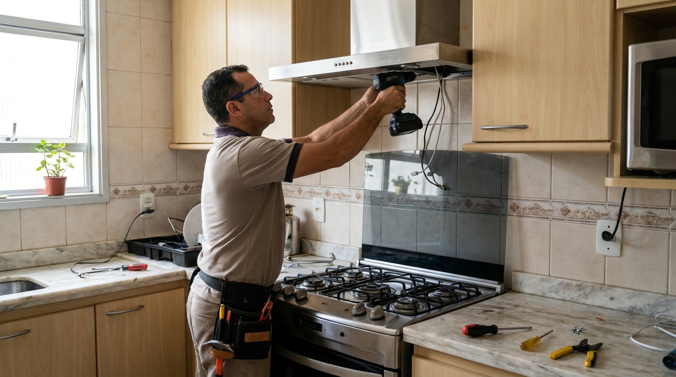 Eletricista instalando coifa em Sorocaba‑SP