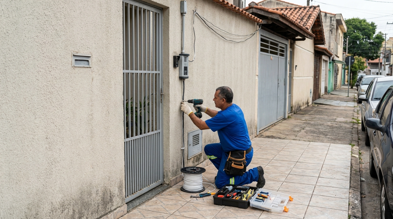 Eletricista instalando interfone em Sorocaba‑SP