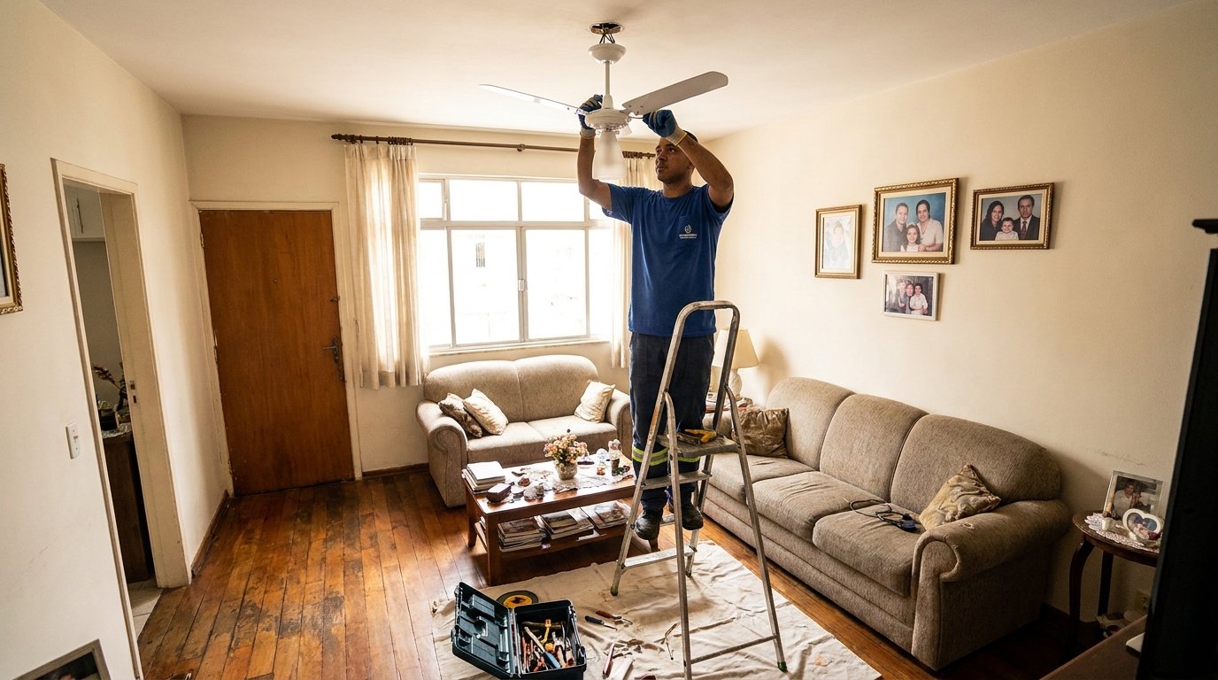 Eletricista instalando ventilador de teto em Sorocaba‑SP